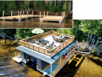 Pile dock complete (inset), and completed boathouse with sundeck
